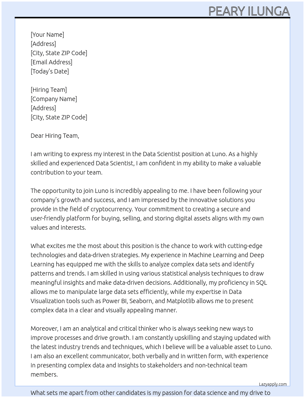 Data scientist At Luno Cover Letter
