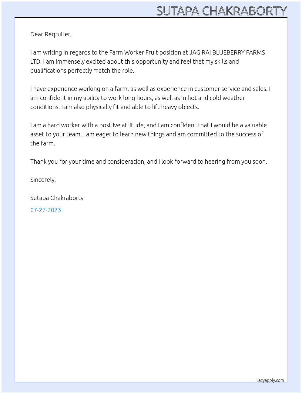 Farm Worker Fruit At JAG RAI BLUEBERRY FARMS LTD Cover Letter