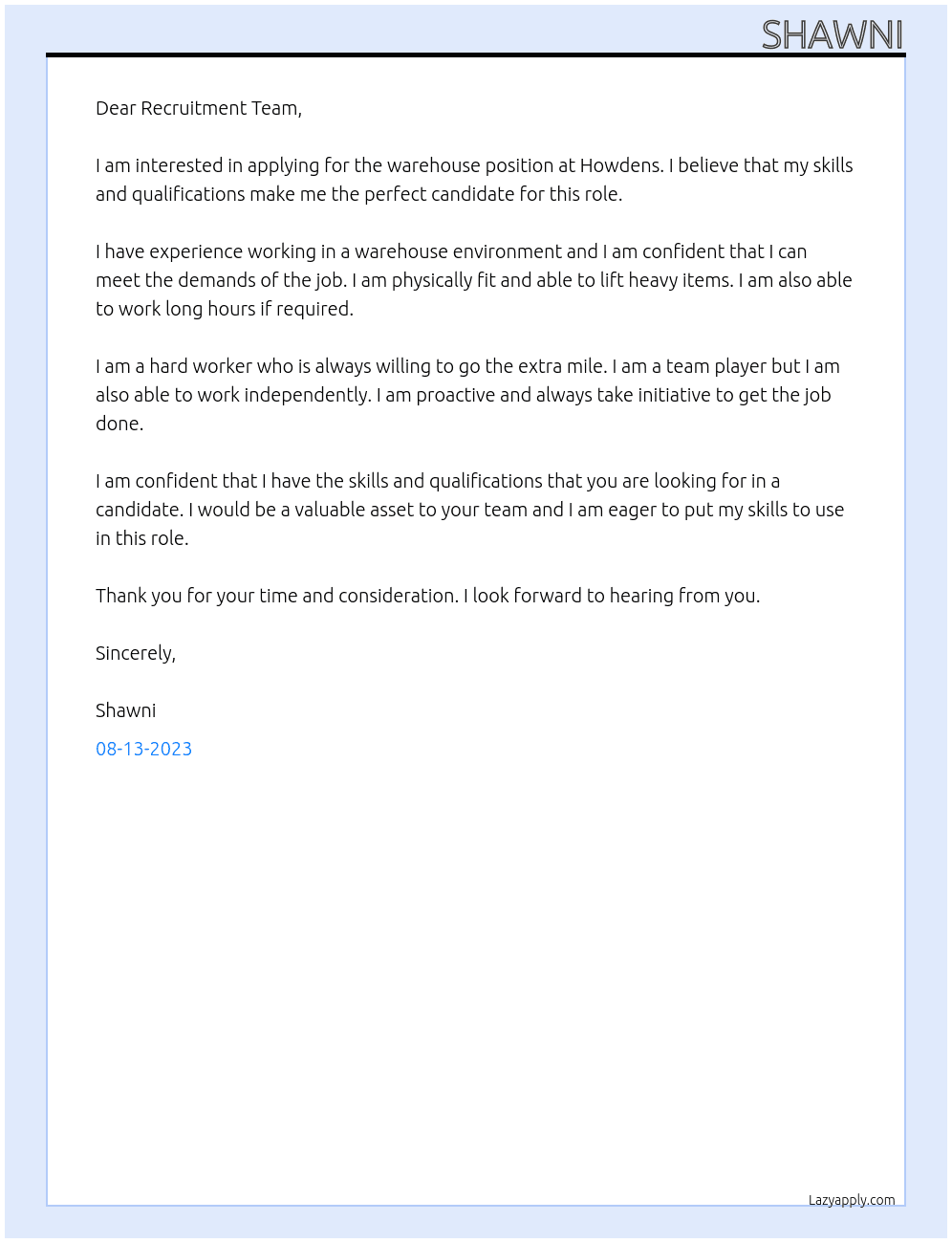 Warehouse At Howdens Cover Letter