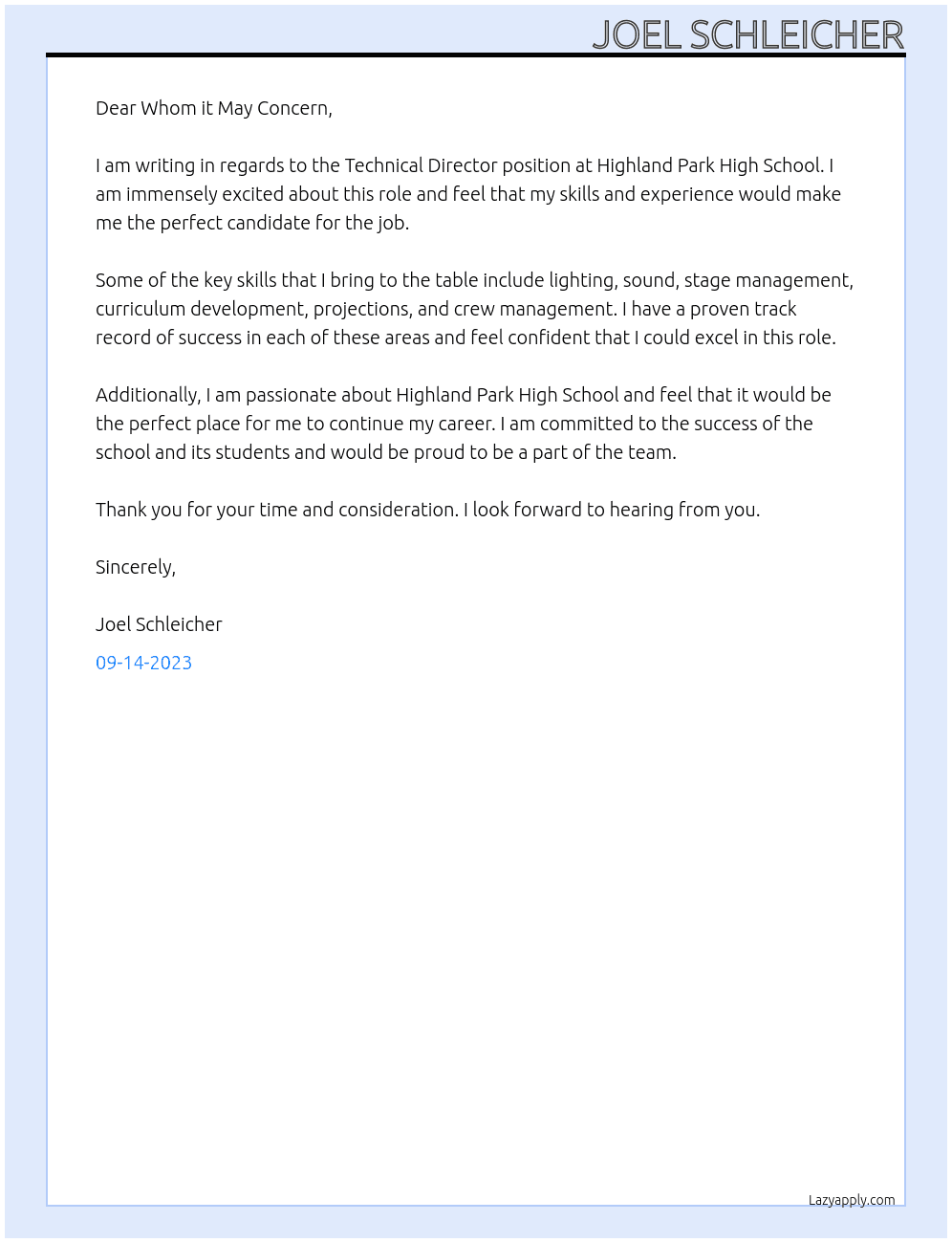 Technical Director At Highland Park High School Cover Letter