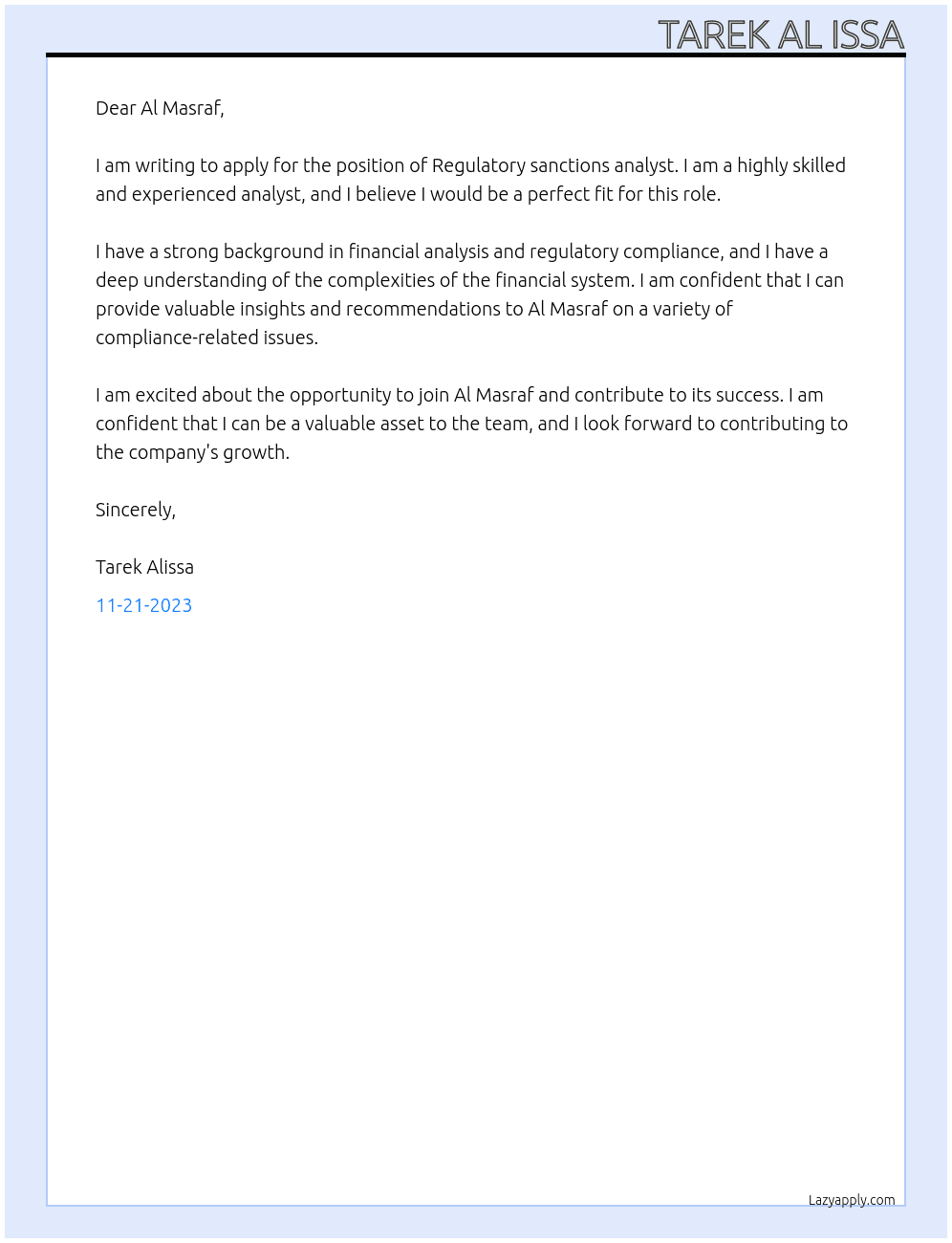 Regulatory sanctions analyst At Al Masraf Cover Letter