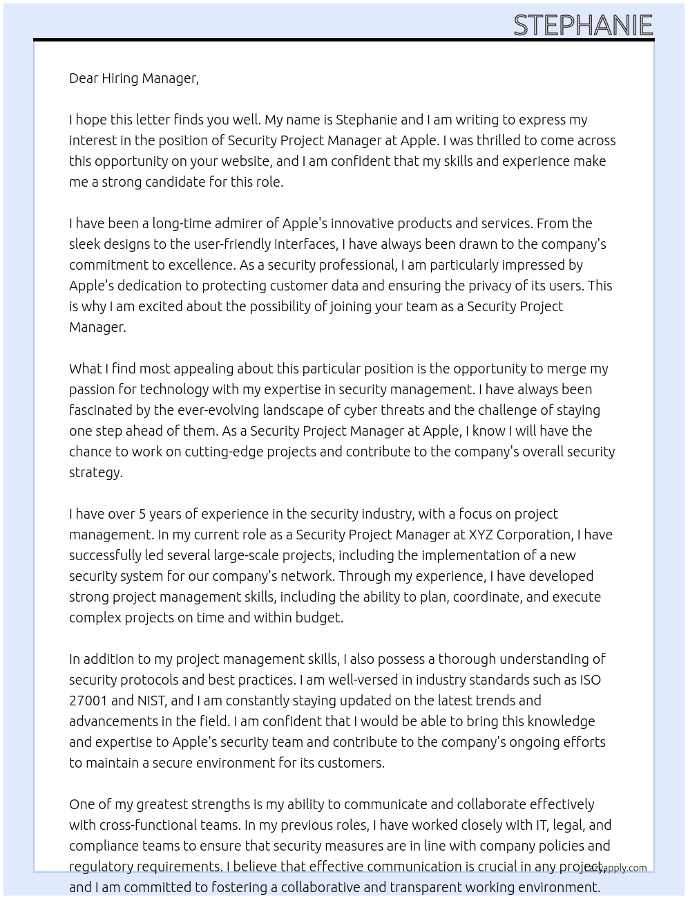 Cover letter for security project manager - LazyApply