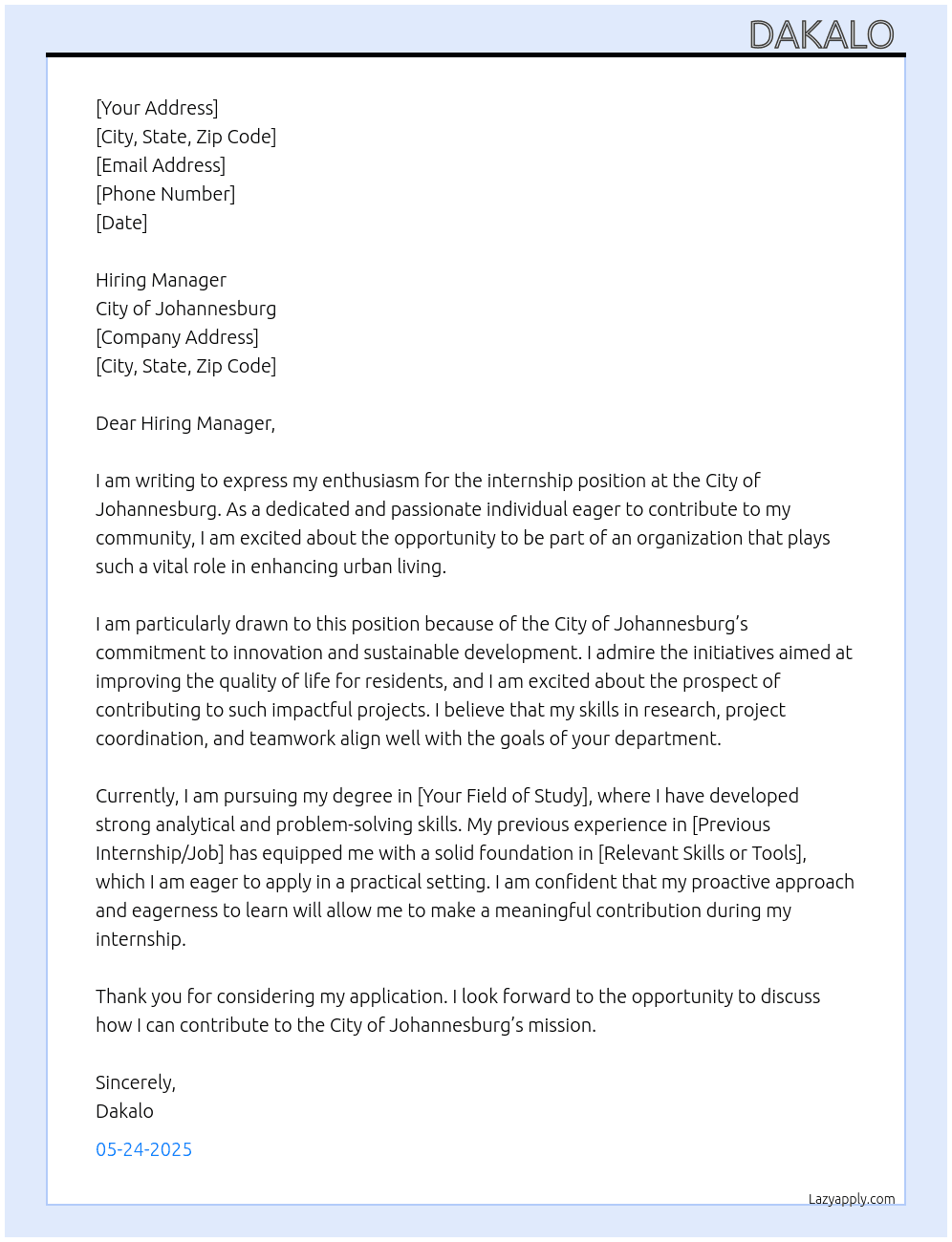 Internship  At City of Johannesburg  Cover Letter