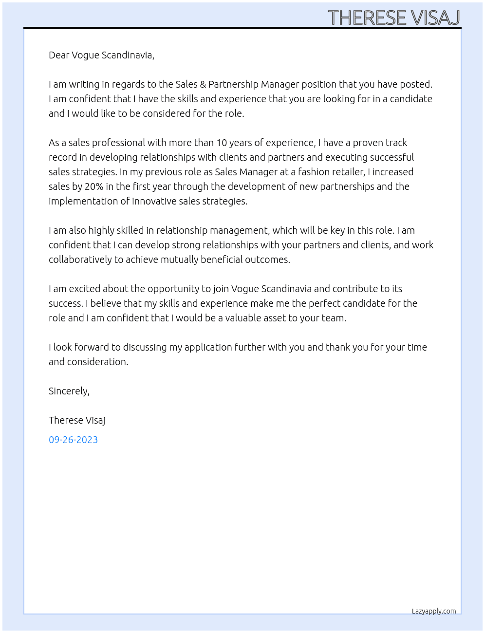 Sales & Partnership Manager  At Vogue Scandinavia  Cover Letter
