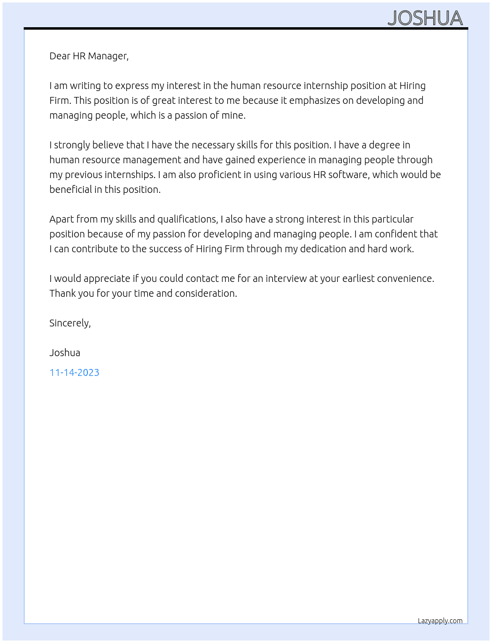 Human Resource Internship  At Hiring Firm Cover Letter