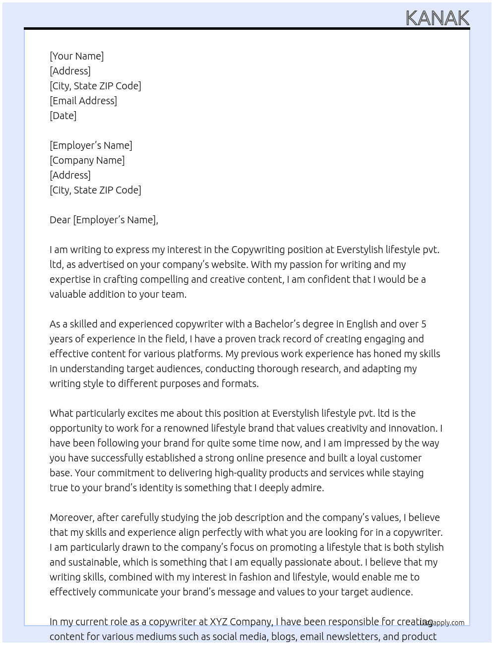 Copywriting At Everstylish lifestyle pvt. ltd Cover Letter
