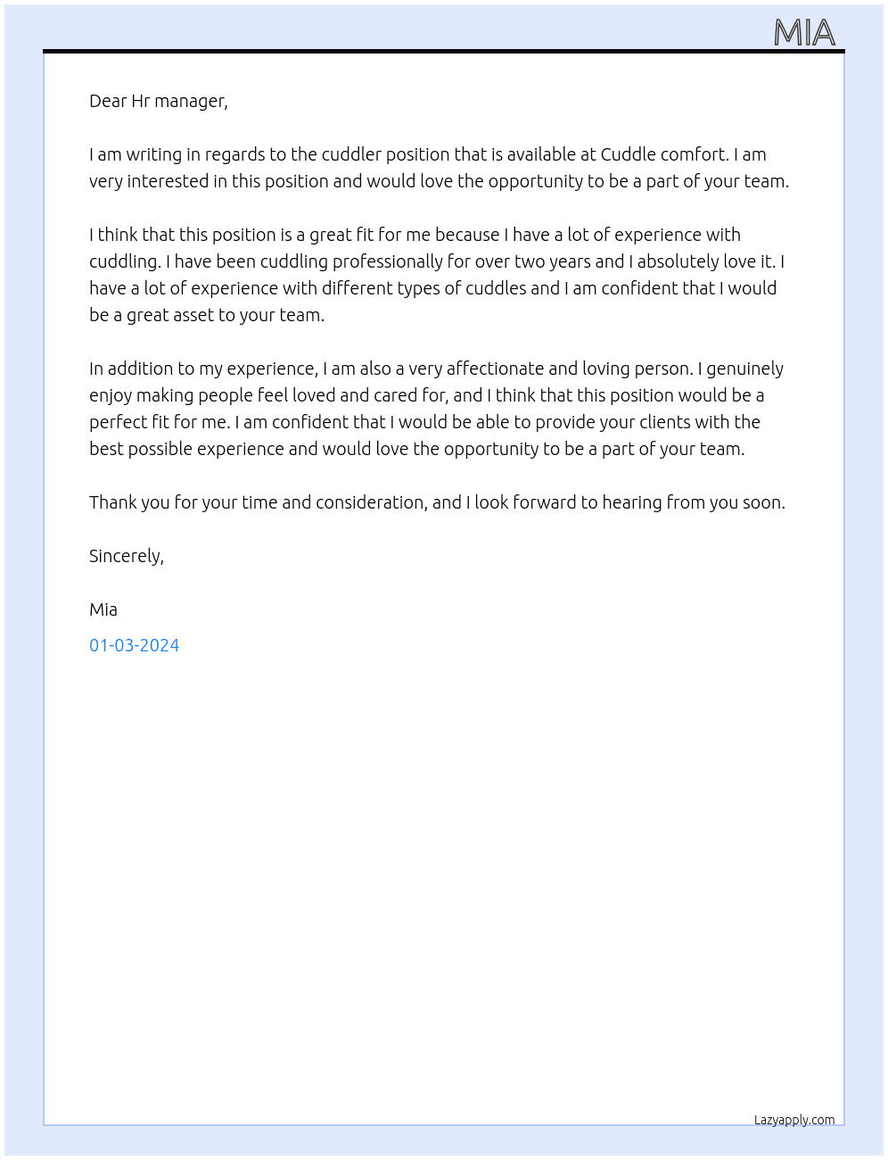 Cuddler  At Cuddle comfort Cover Letter