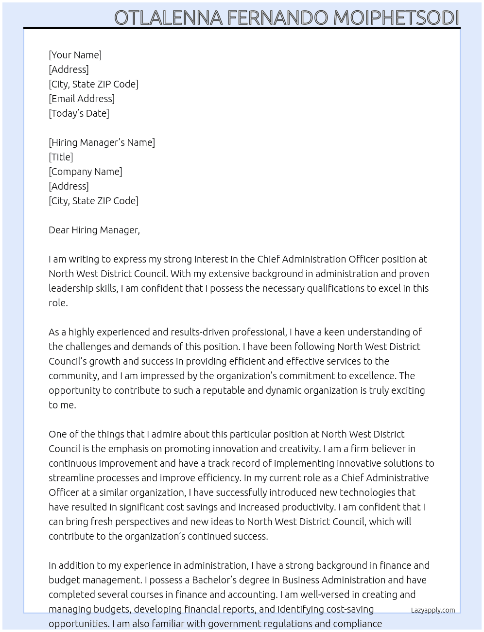 Chief Administration Officer At North West District Council Cover Letter