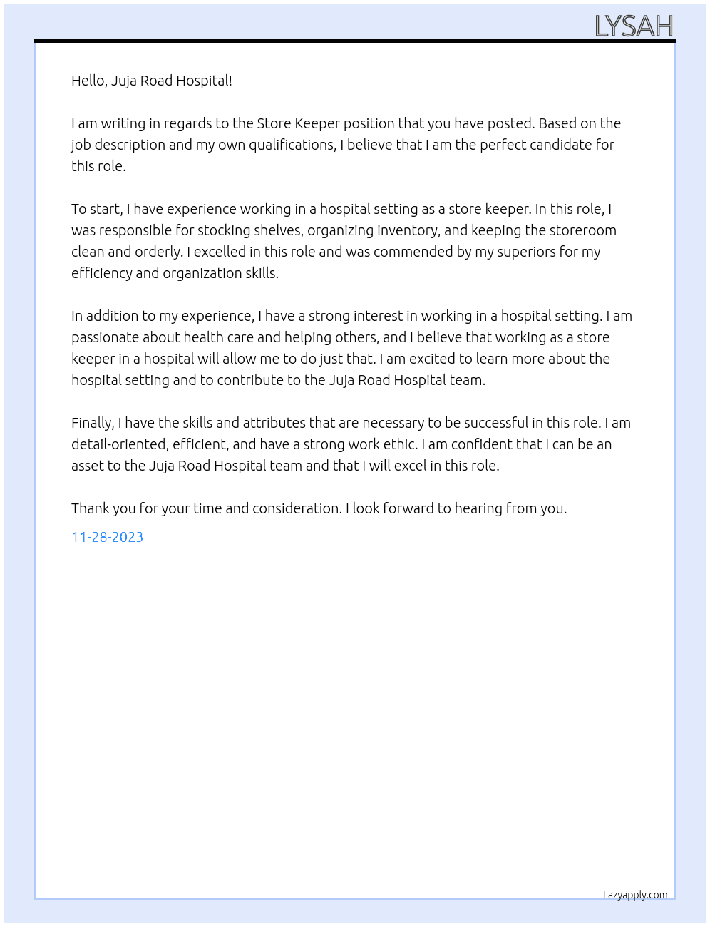 store keeper At juja road hospital Cover Letter