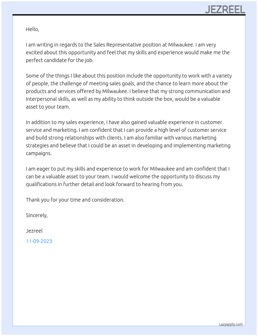 Sales representative  At Milwaukee Cover Letter