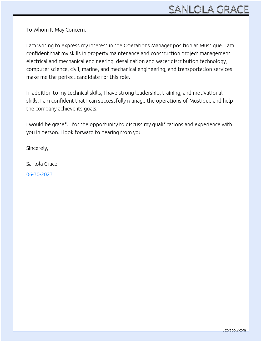 Operation manager At Mustique Cover Letter