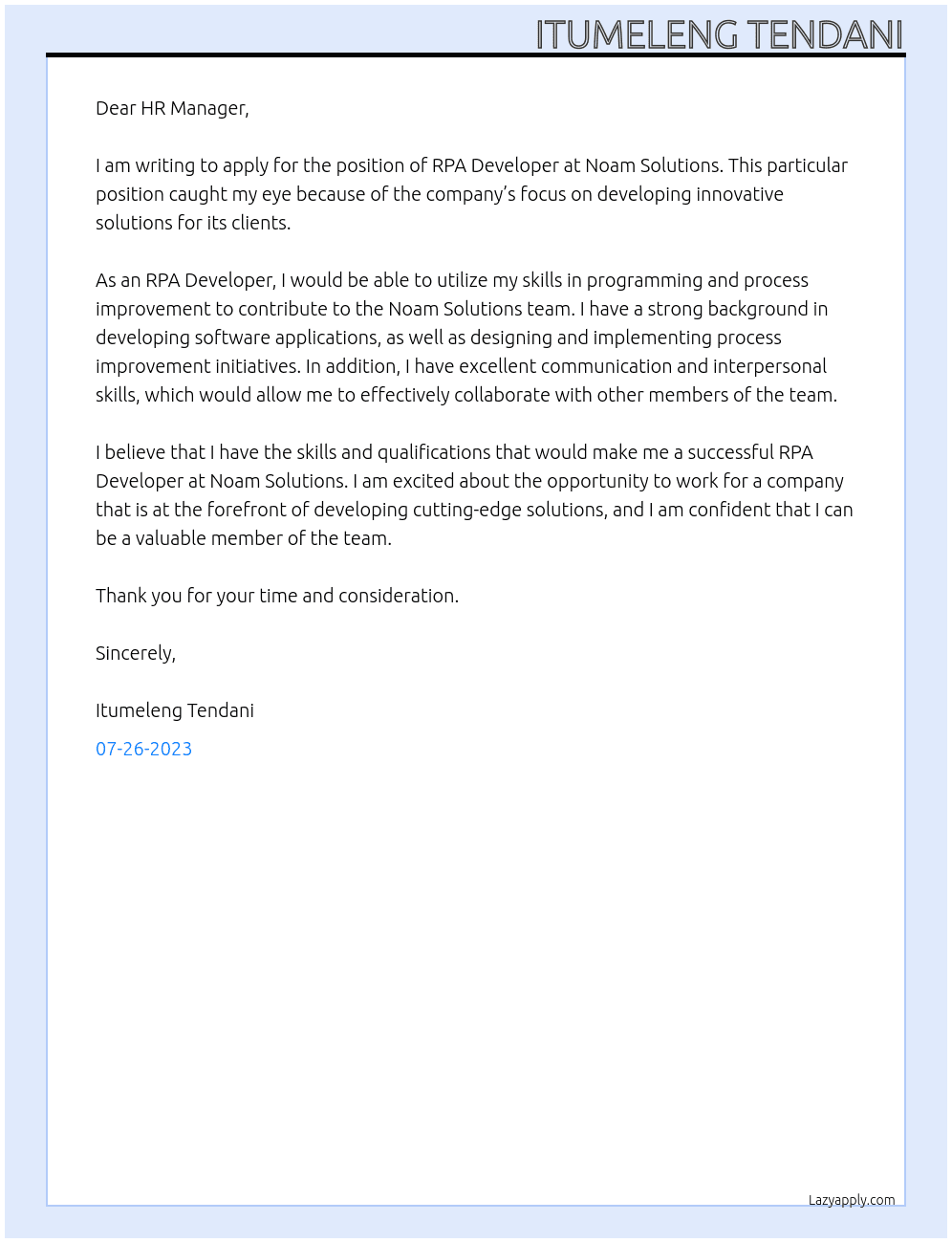 RPA Developer At Noam Solutions Cover Letter