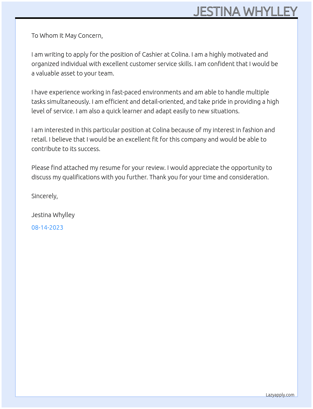 Cashier At Colina Cover Letter