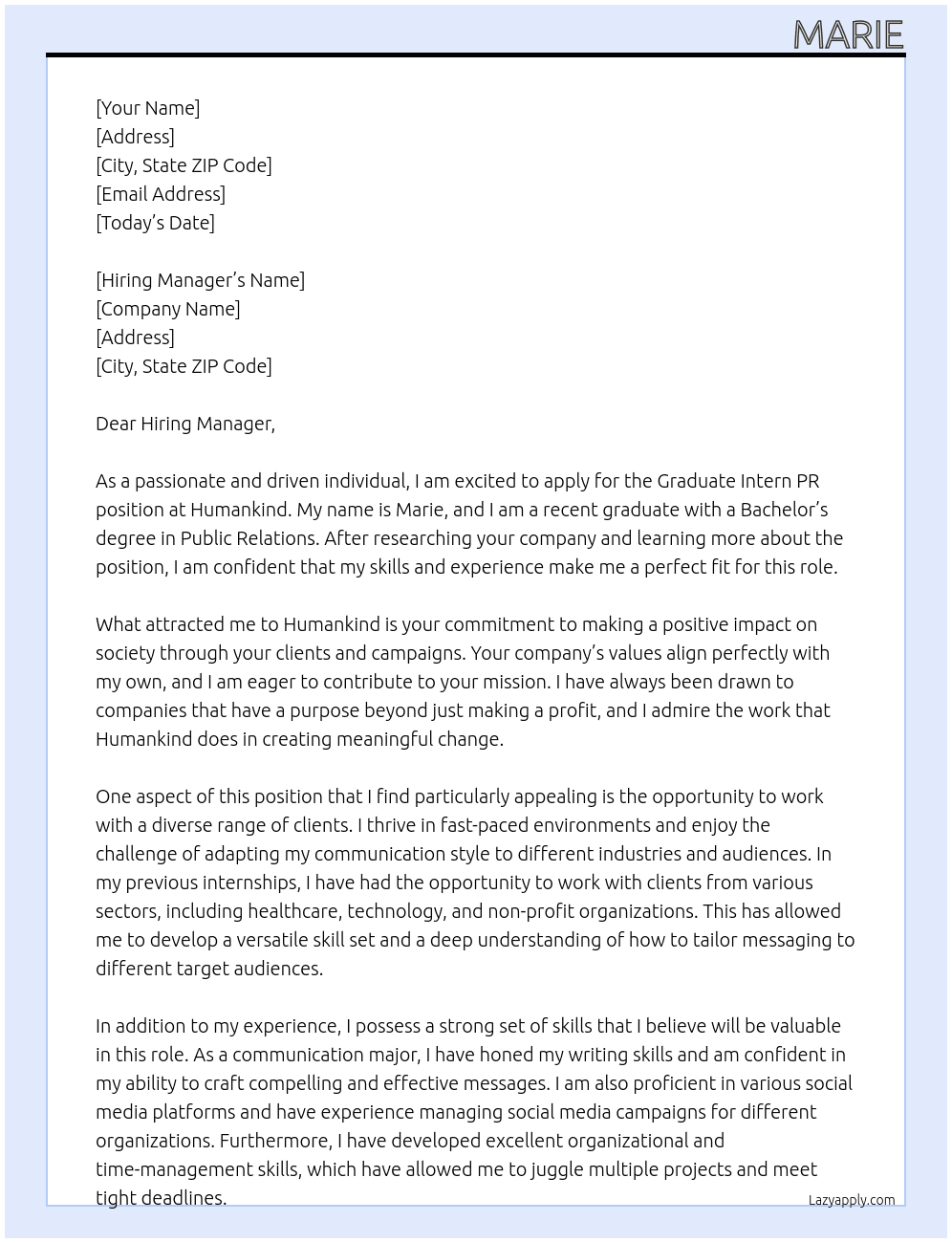 Graduate Intern PR At Humankind Cover Letter