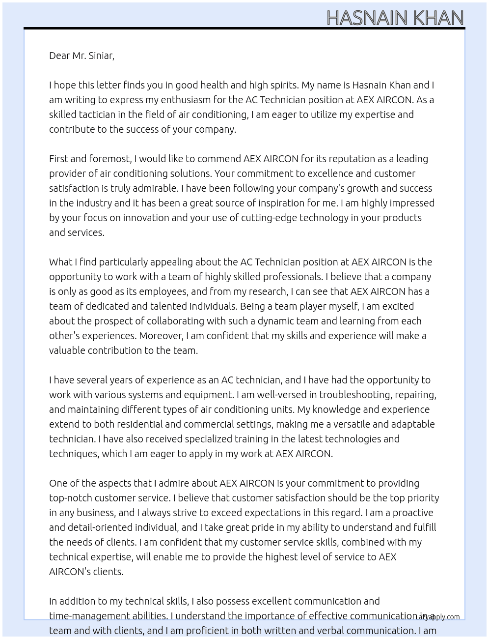 AC Technician  At AEX AIRCON  Cover Letter