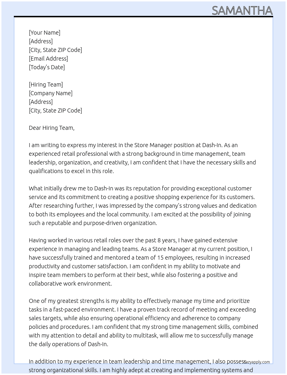 Store Manager At Dash-In Cover Letter