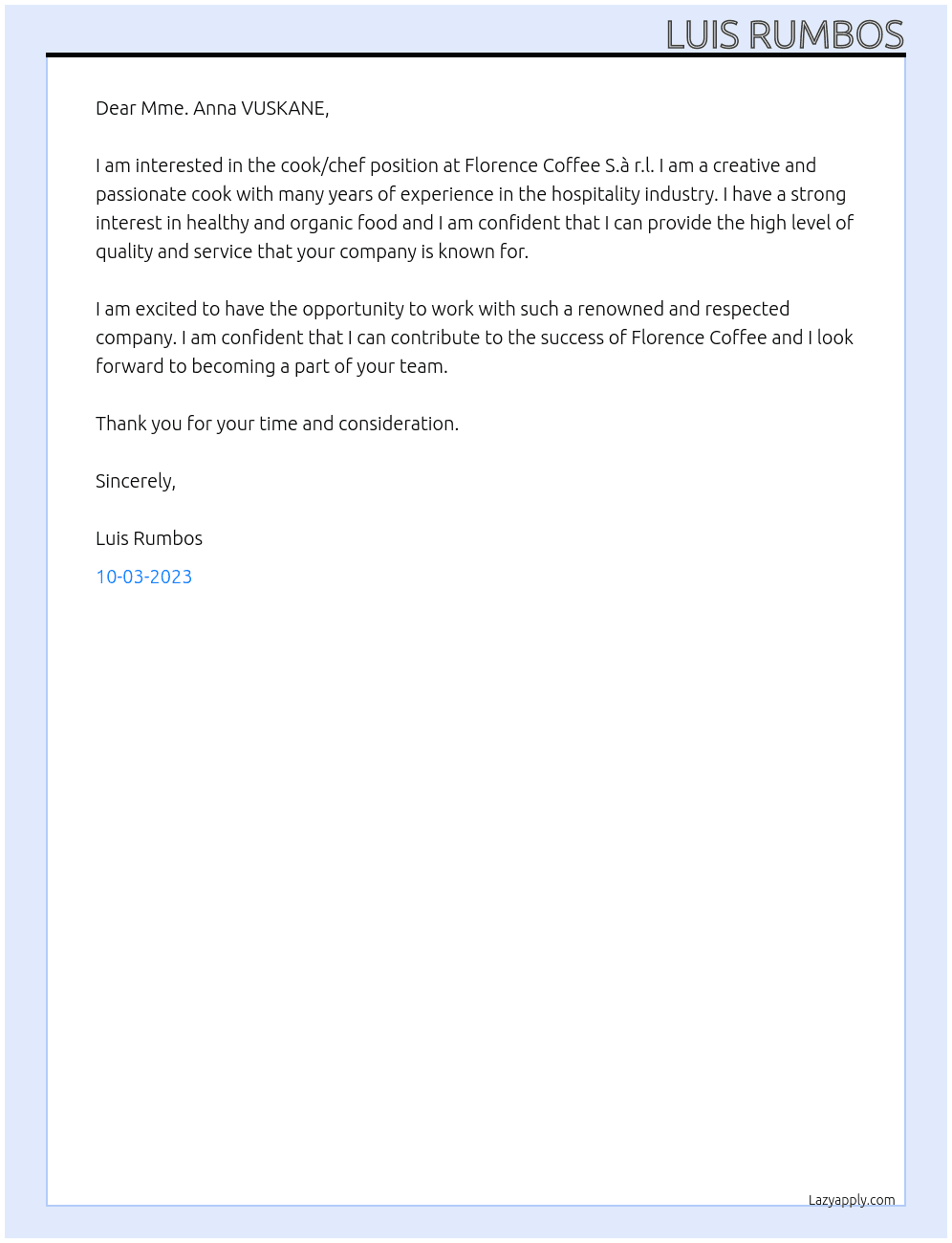 Cook/Chef At FLORENCE COFFEE S.à r.l. Cover Letter