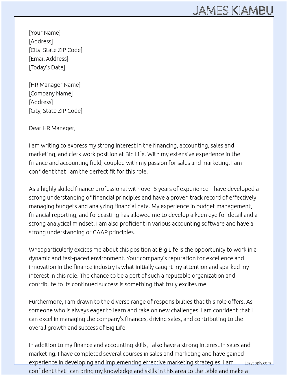  financing, accounting, sales and  marketing and clerk work At BIG LIFE Cover Letter