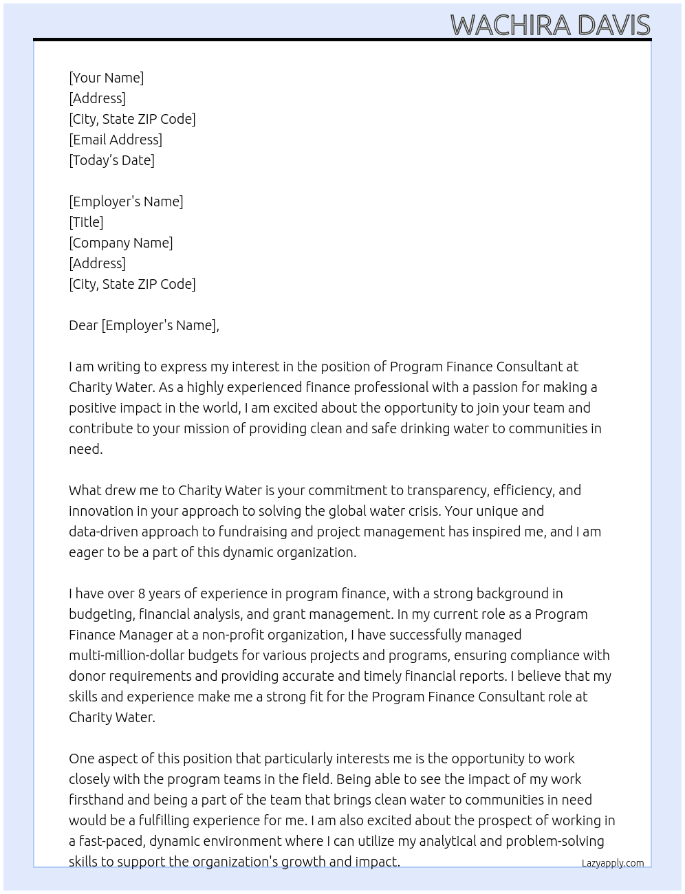 Program Finance Consultant At Charity Water Cover Letter
