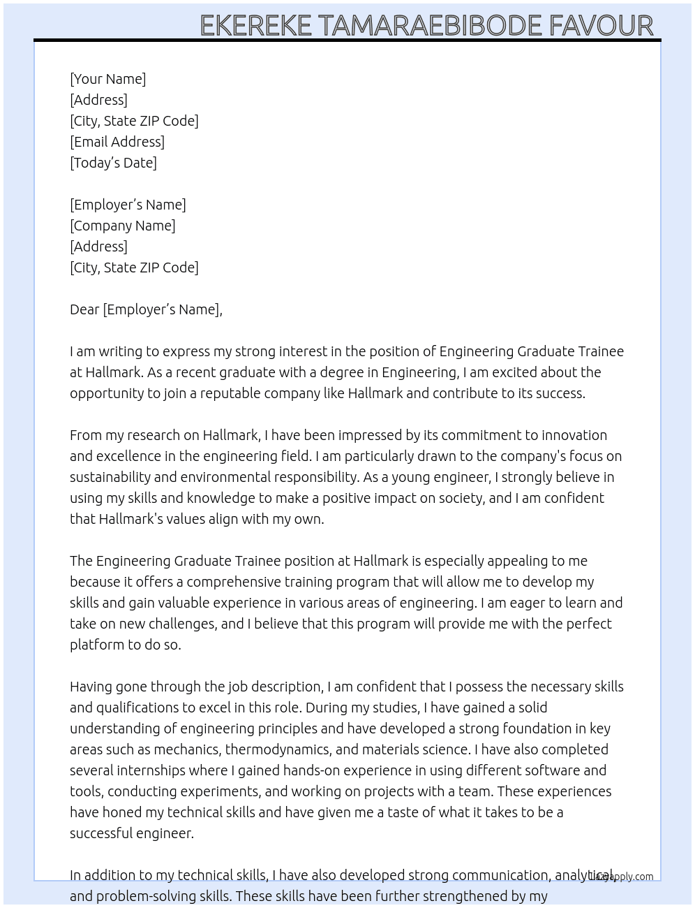 Engineering graduate trainee  At Hallmark  Cover Letter