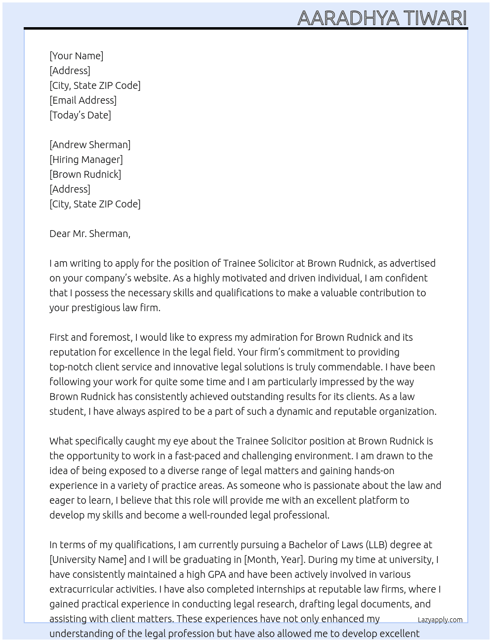 Trainee Solicitor  At Brown Rudnick Cover Letter