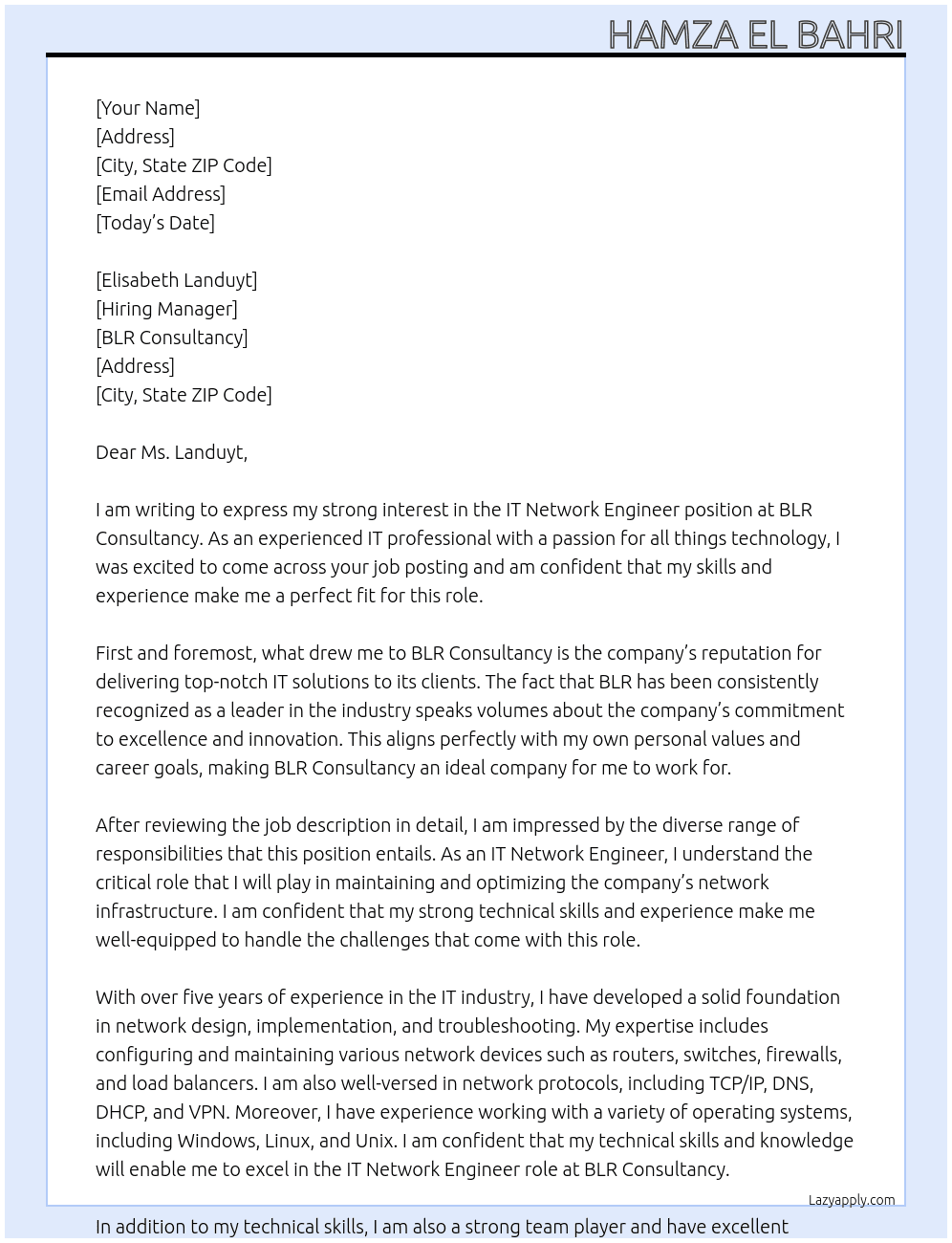 It Network engineer At BLR Consultancy Cover Letter