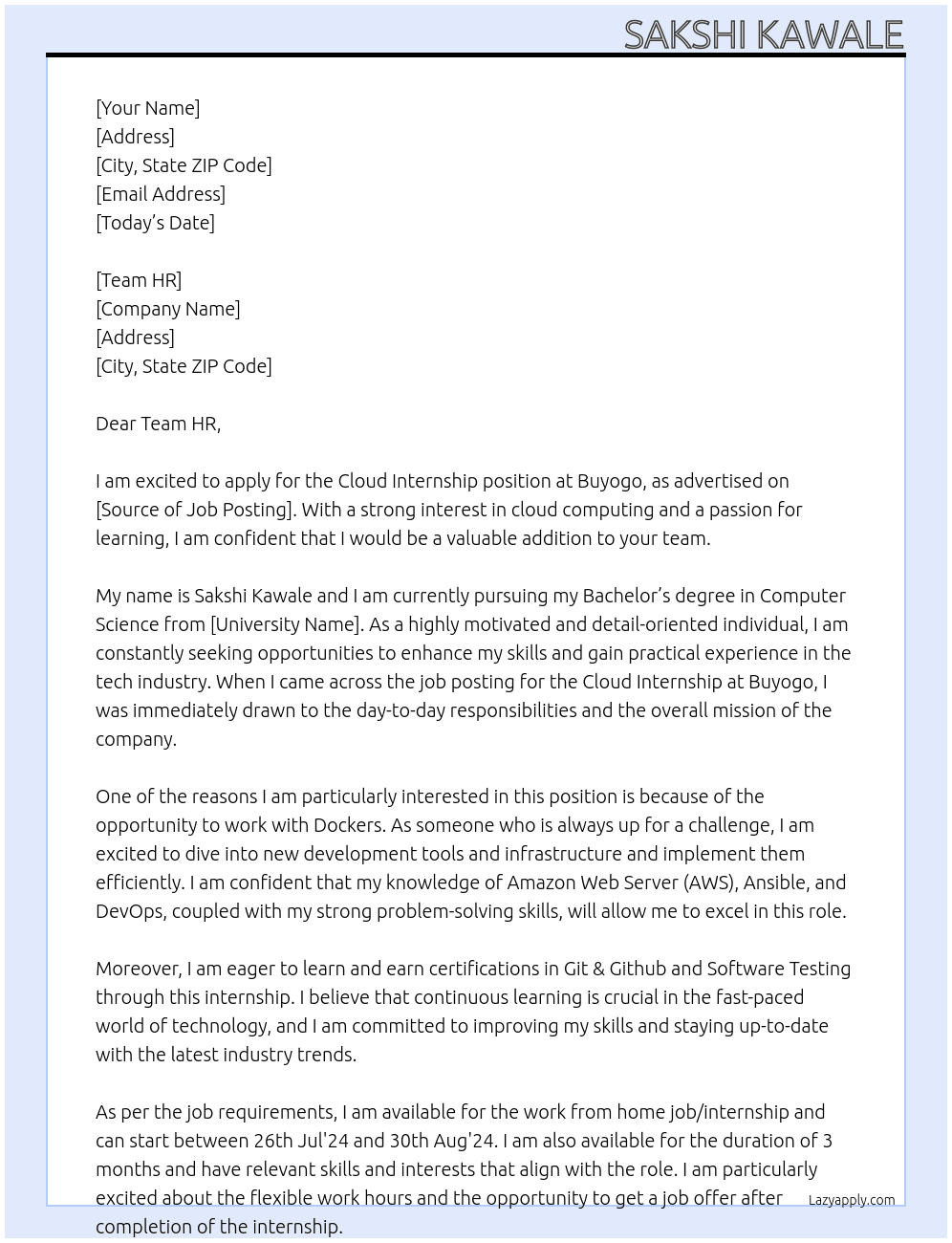  Cloud Internship At Buyogo Cover Letter