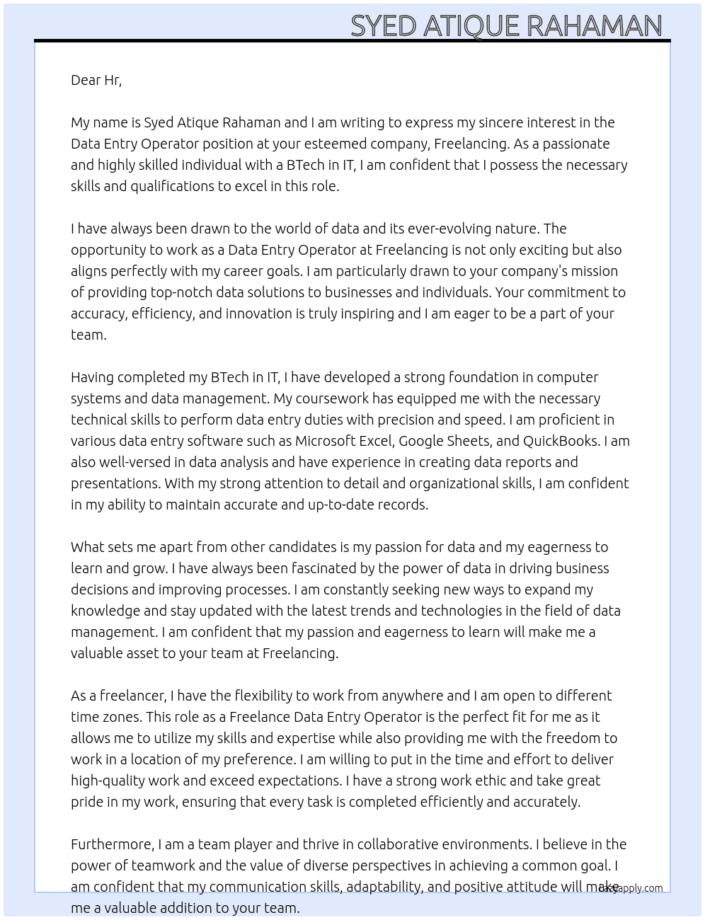 Data entry operator  At Freelancing  Cover Letter