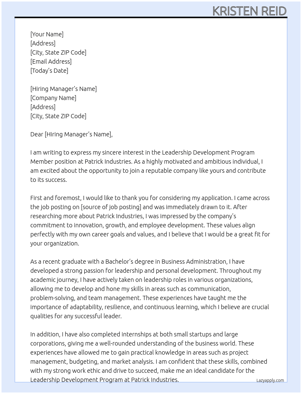 leadership development program member At Patrick Industries Cover Letter