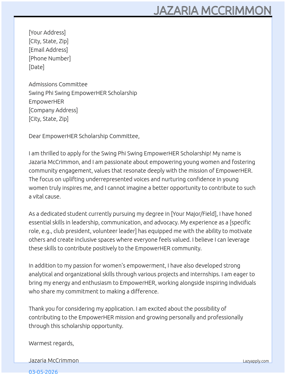 Cover letter for scholarship applicant - LazyApply