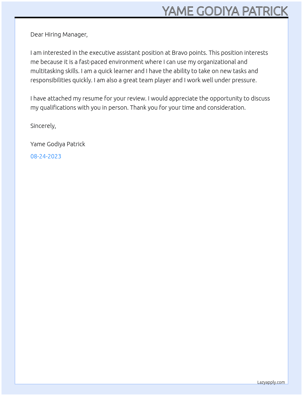 Executive assistant At Bravo points Cover Letter