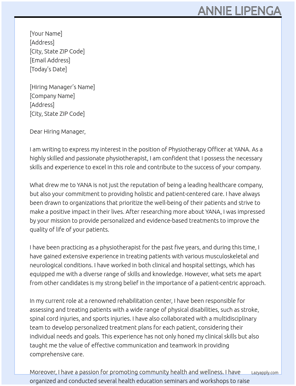 PHYSIOTHERAPY OFFICER  At YANA Cover Letter