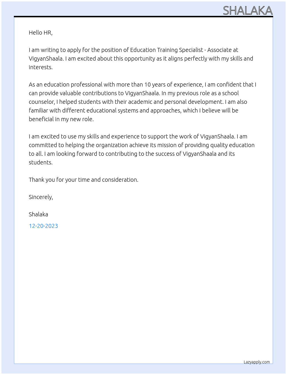 Education Training Specialist - Associate At VigyanShaala Cover Letter