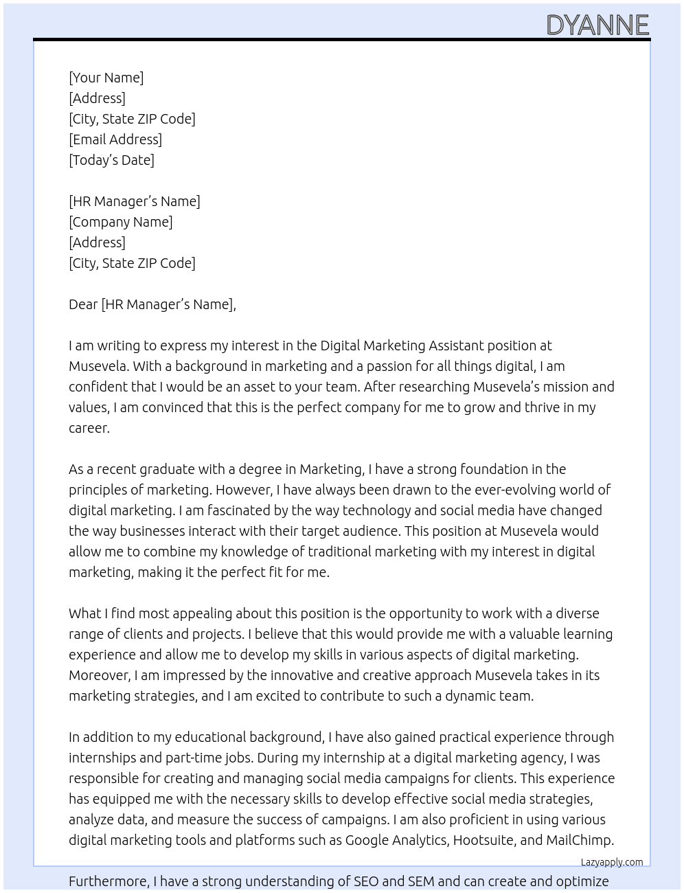 Digital Marketing Assistant At Musevela Cover Letter