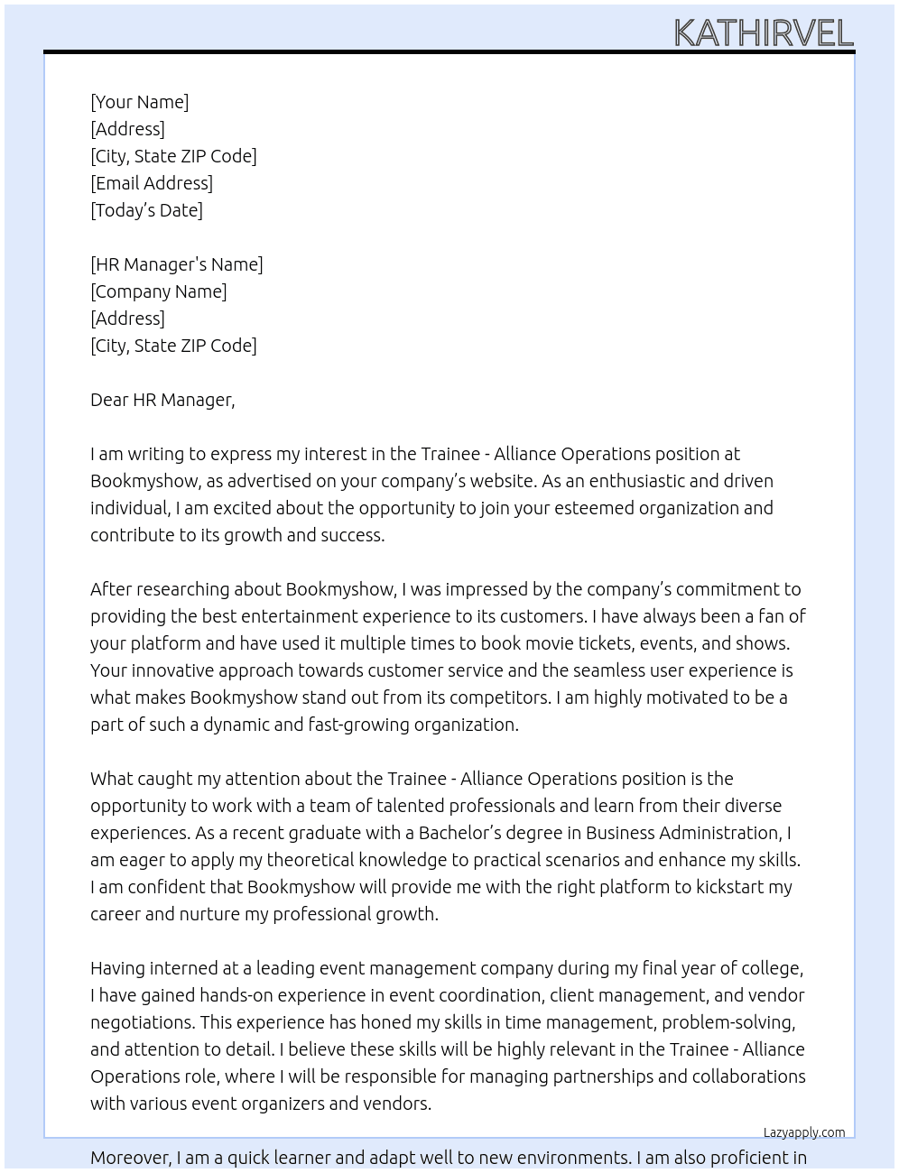 Trainee - Alliance Operations At Bookmyshow Cover Letter