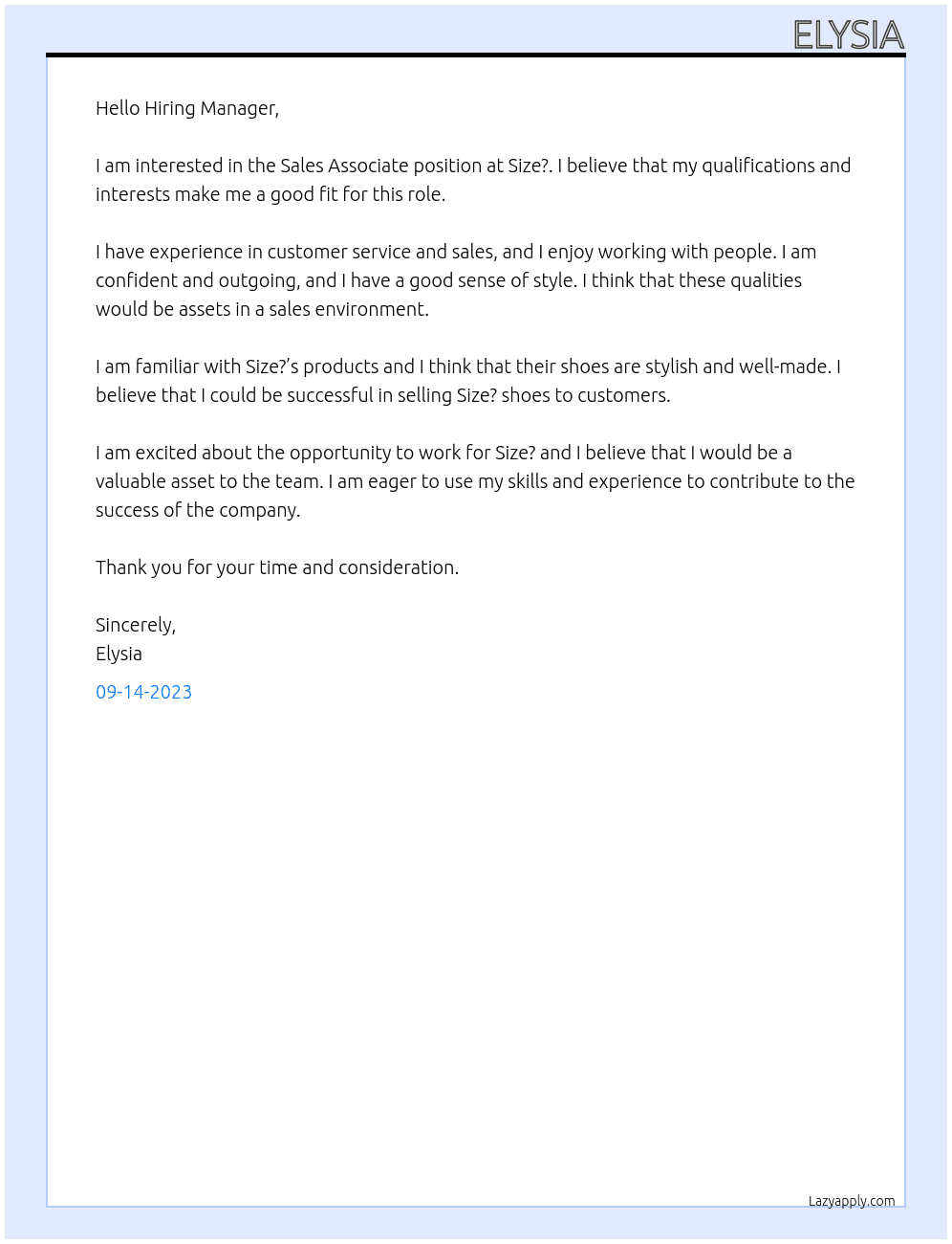 Sales Associate At Size? Cover Letter