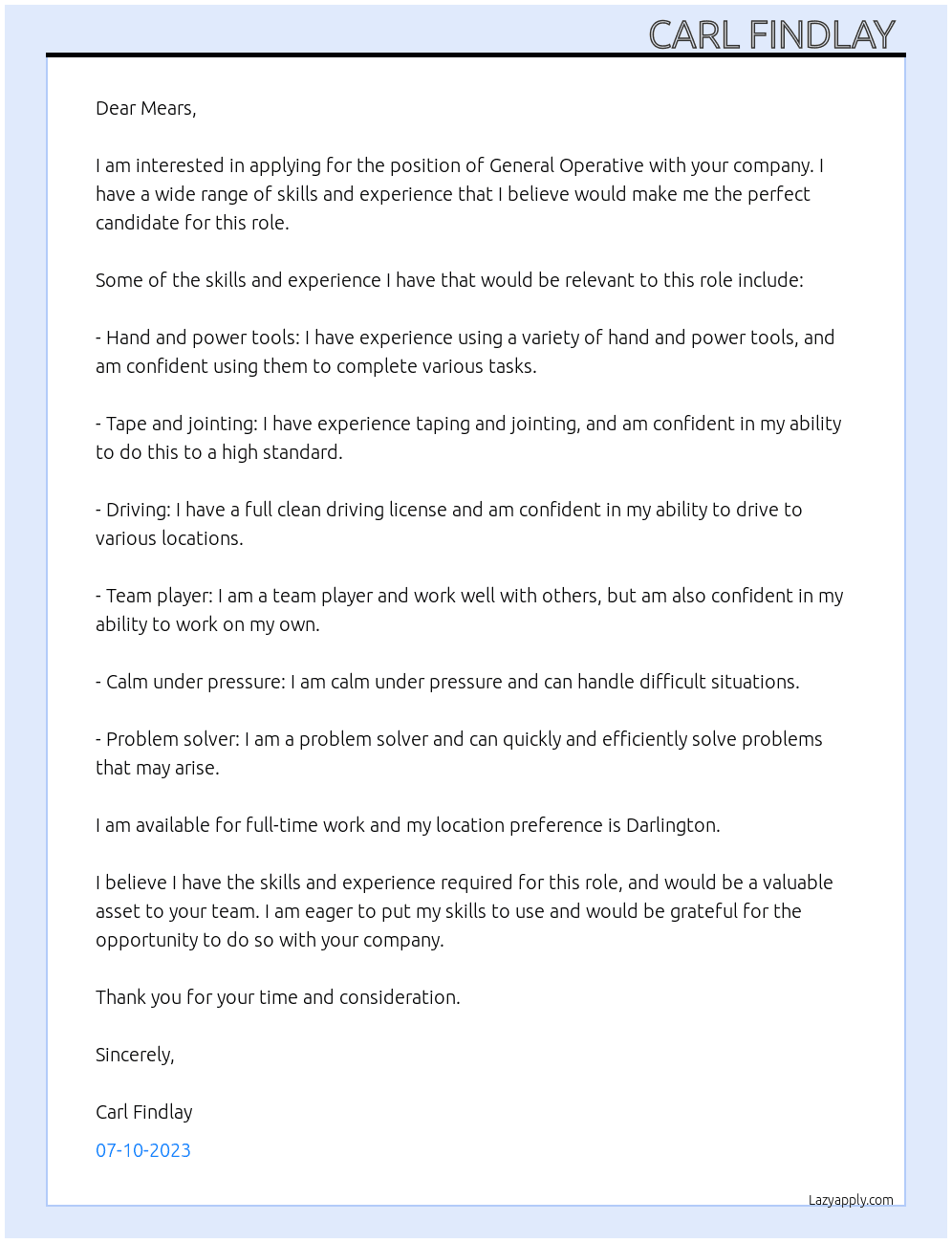 General operative  At Mears Cover Letter