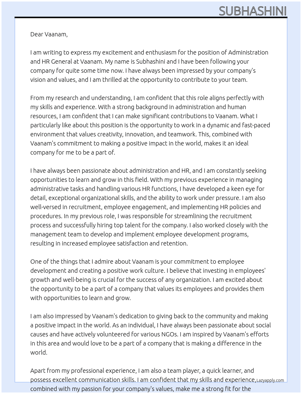 Administration and HR General At Vaanam Cover Letter
