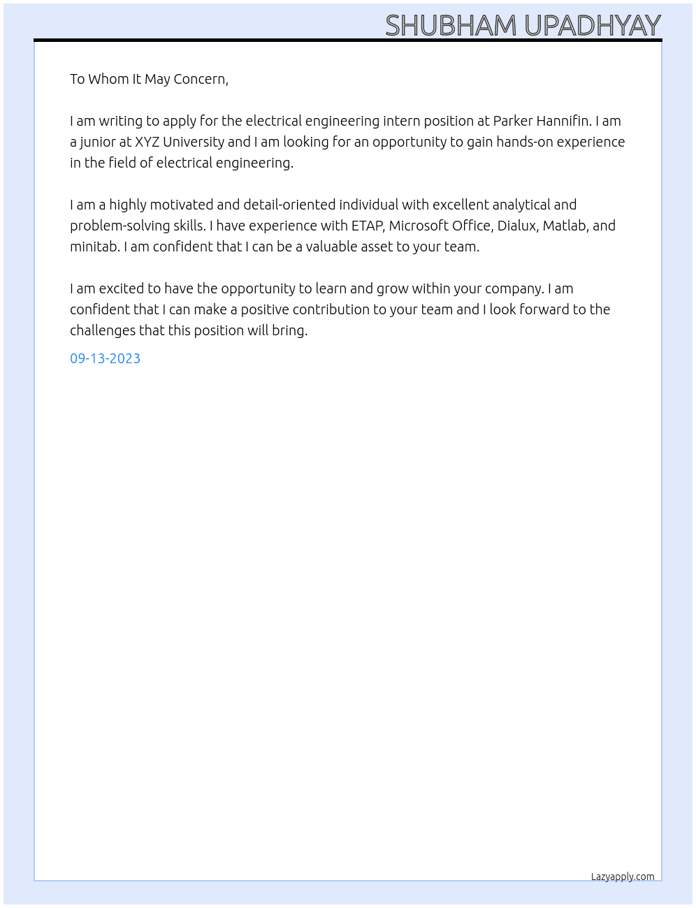 electrical engineering intern At Parker Hannifin Cover Letter