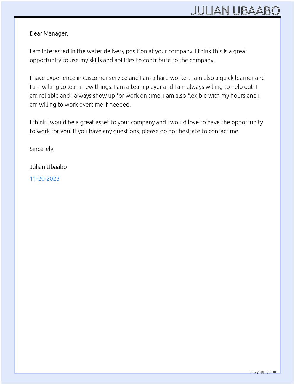 Water delivery At Water company Cover Letter