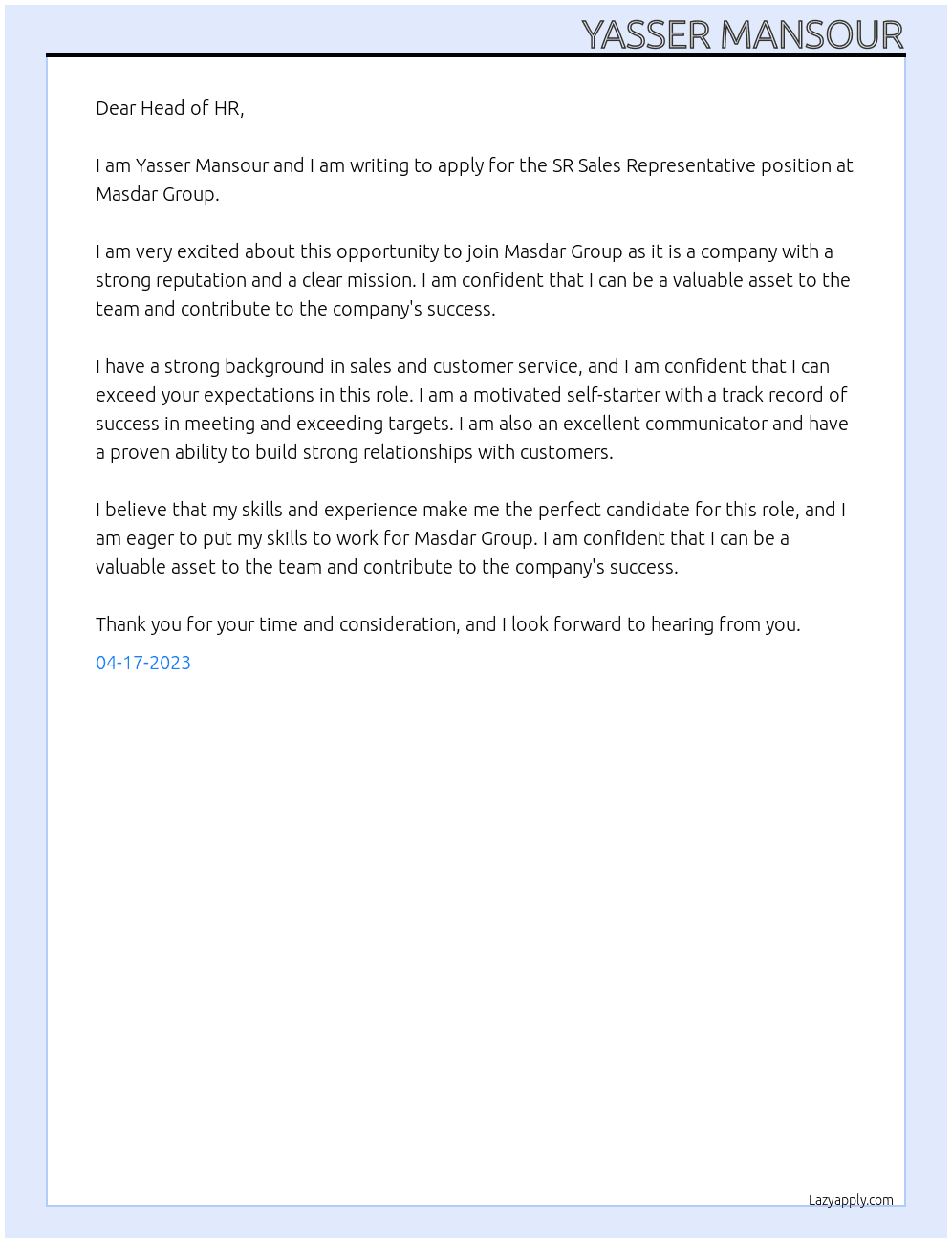 SR Sales Representative  At Masdar Group  Cover Letter