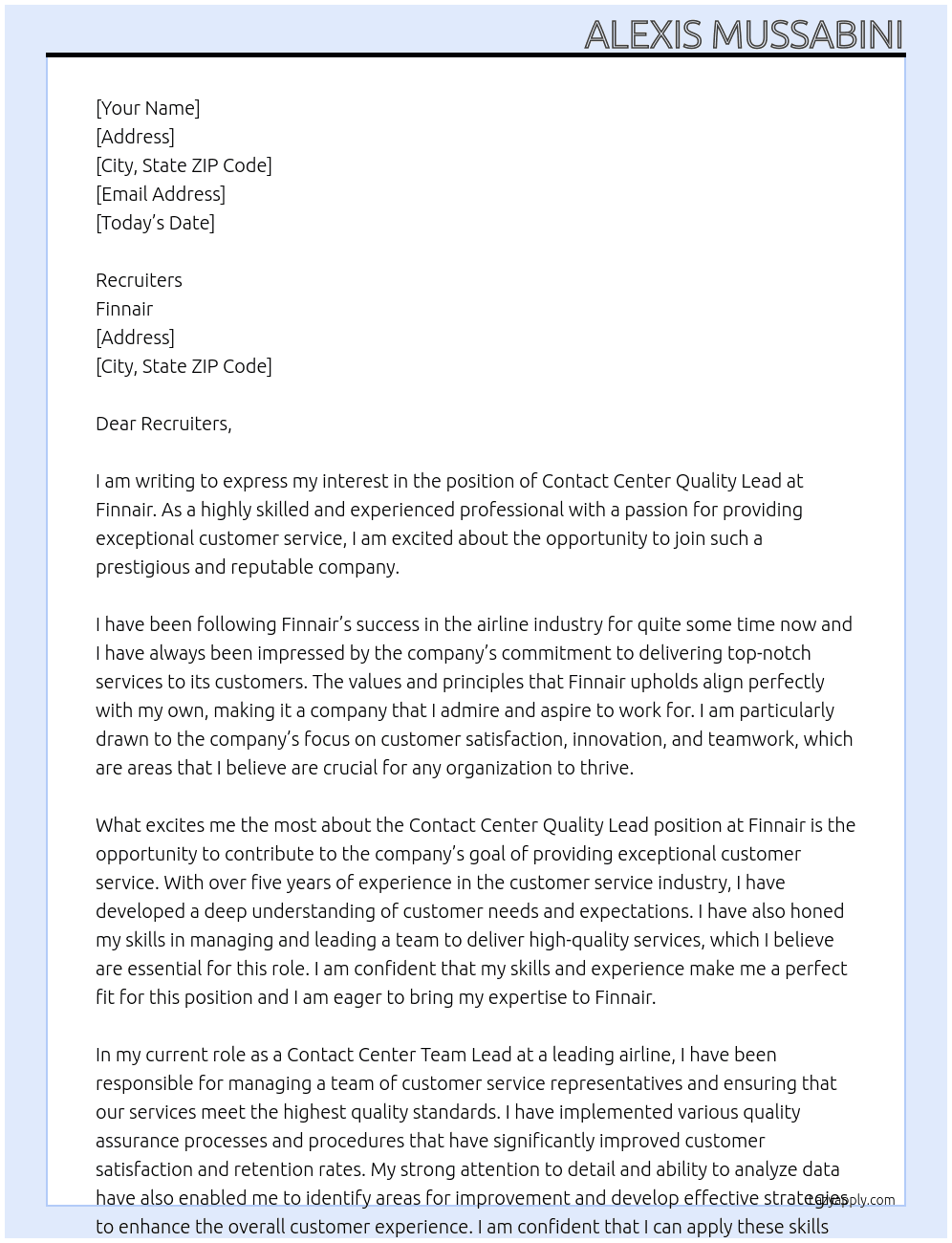Contact Center Quality Lead At Finnair Cover Letter