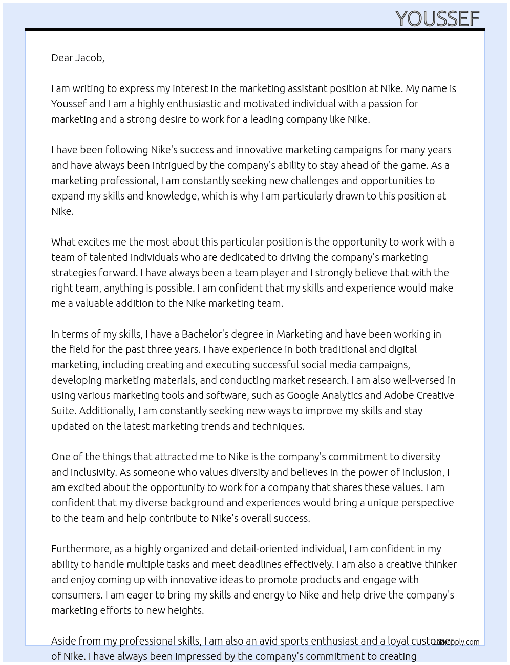 marketing assistant At Nike Cover Letter