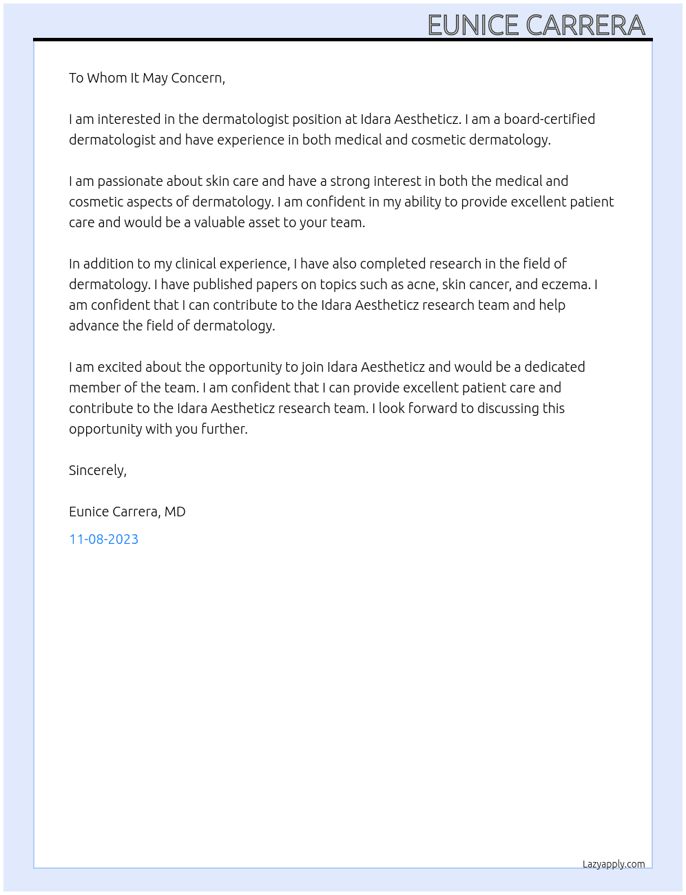 Dermatologist  At Idara Aestheticz Cover Letter