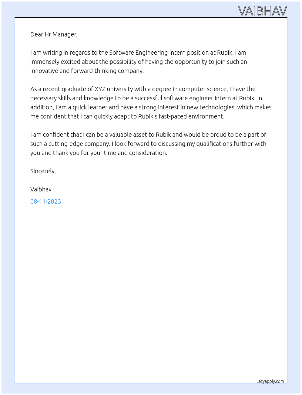Software Engineering Intern At Rubik Cover Letter