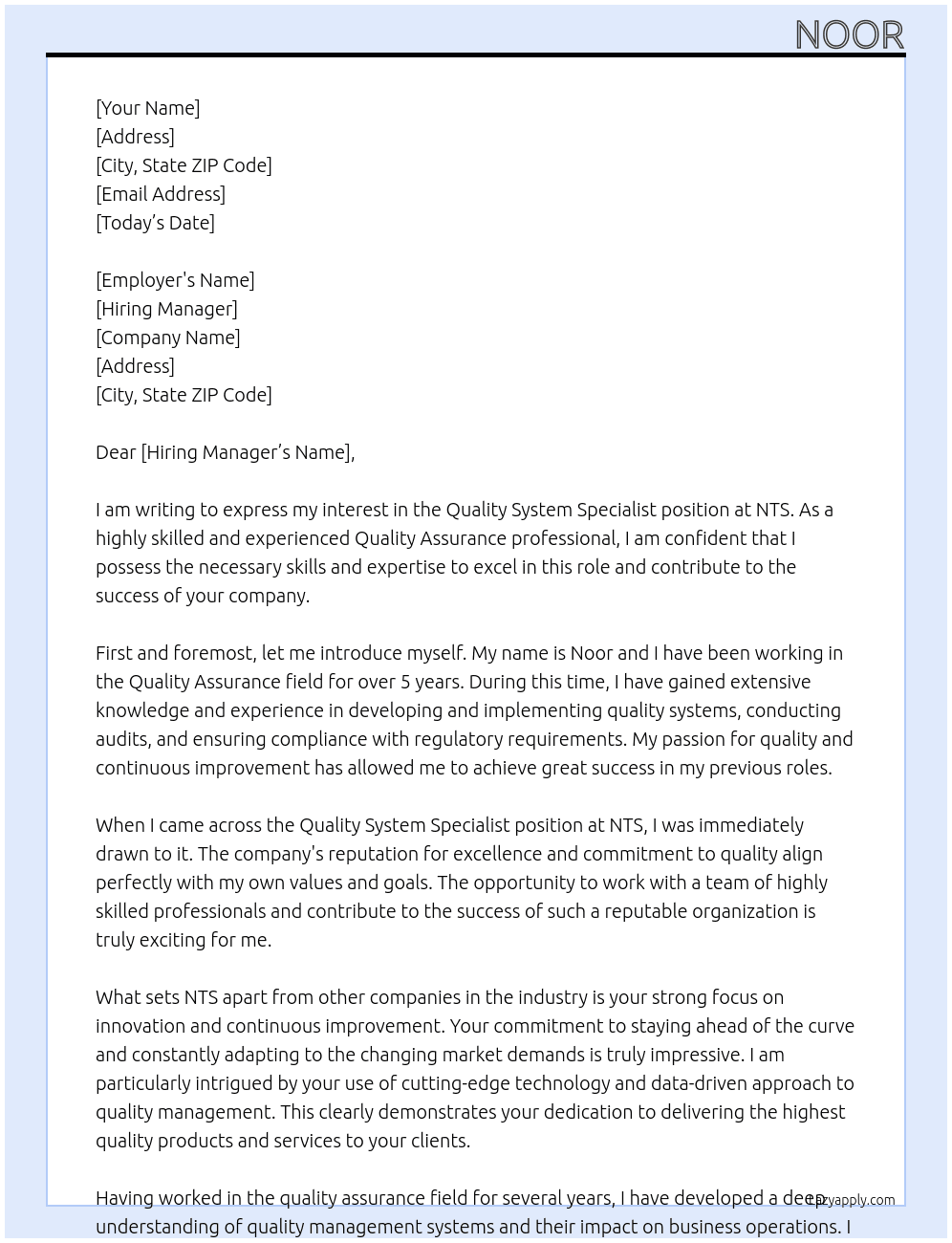 Quality system Specialist At nts Cover Letter