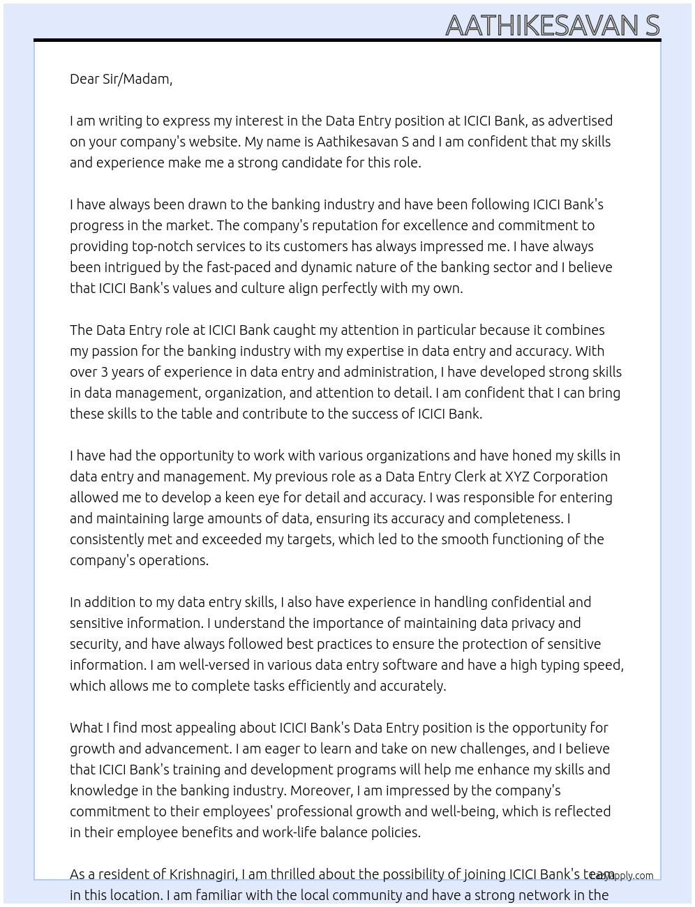 Data Entry  At ICICI BANK Cover Letter
