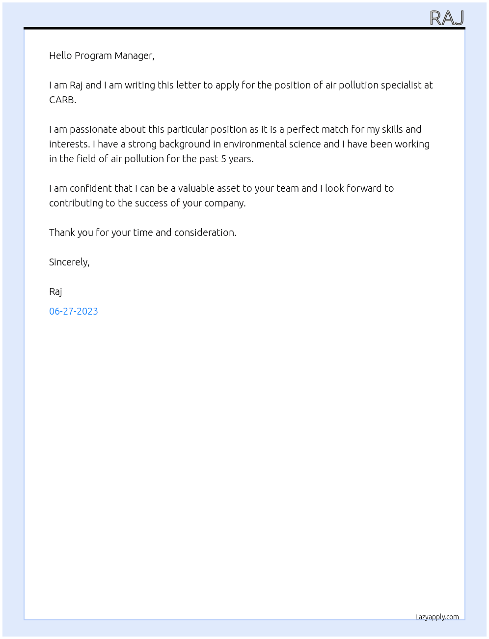air pollution specialist At CARB Cover Letter