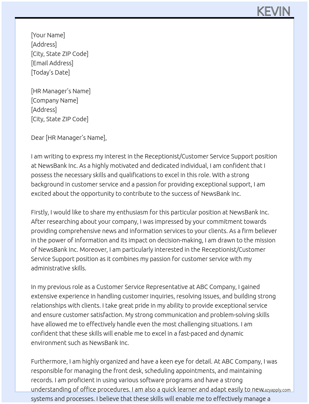 Receptionist/customer service support  At NewsBank inc  Cover Letter