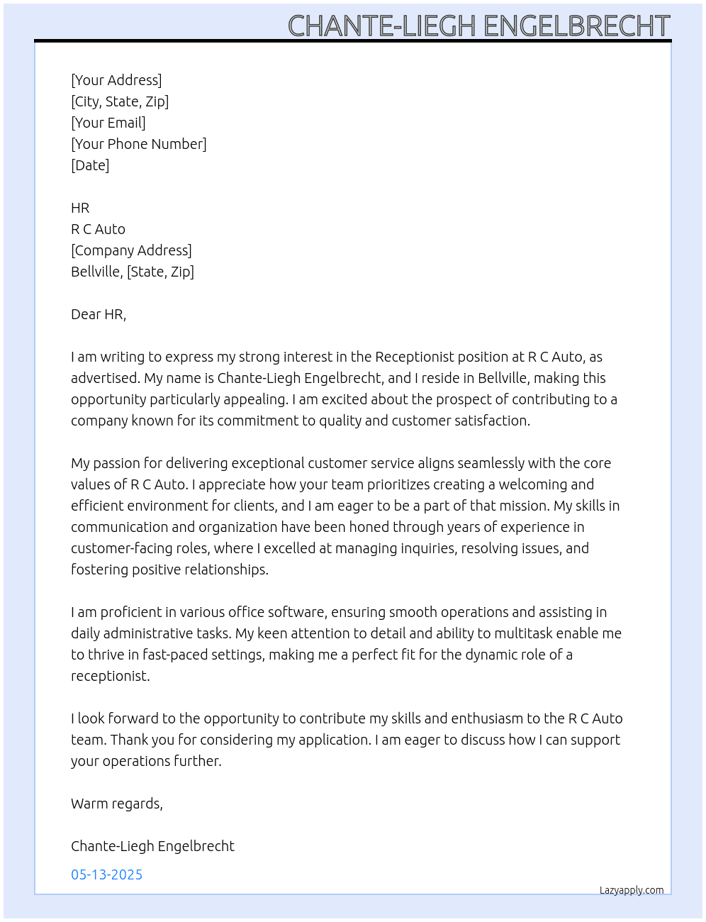 receptionist At R C Auto Cover Letter